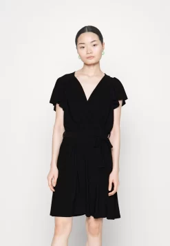 Frilled Cap Sleeves Flared Dress - Jerseyjurk - Black